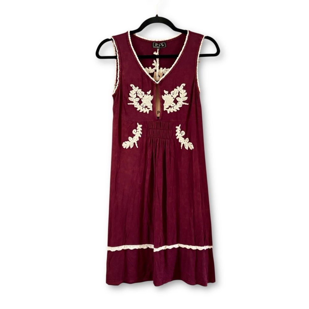POL Burgundy Embroidered Mini Dress NWT Size Small Boho Bohemian Cottagecore